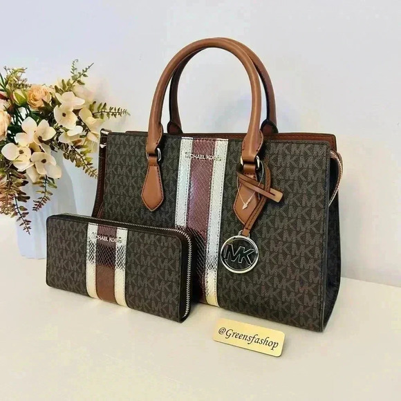 Michael Kors Purse & Wallet Sheila Medium Signature Logo and Metallic Satchel - Picture 2 of 12